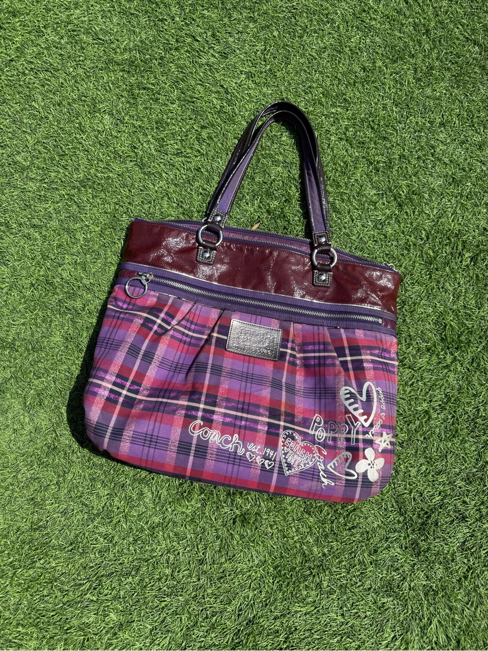 Coach Purple Plaid Tote Bag with Burgundy Trim